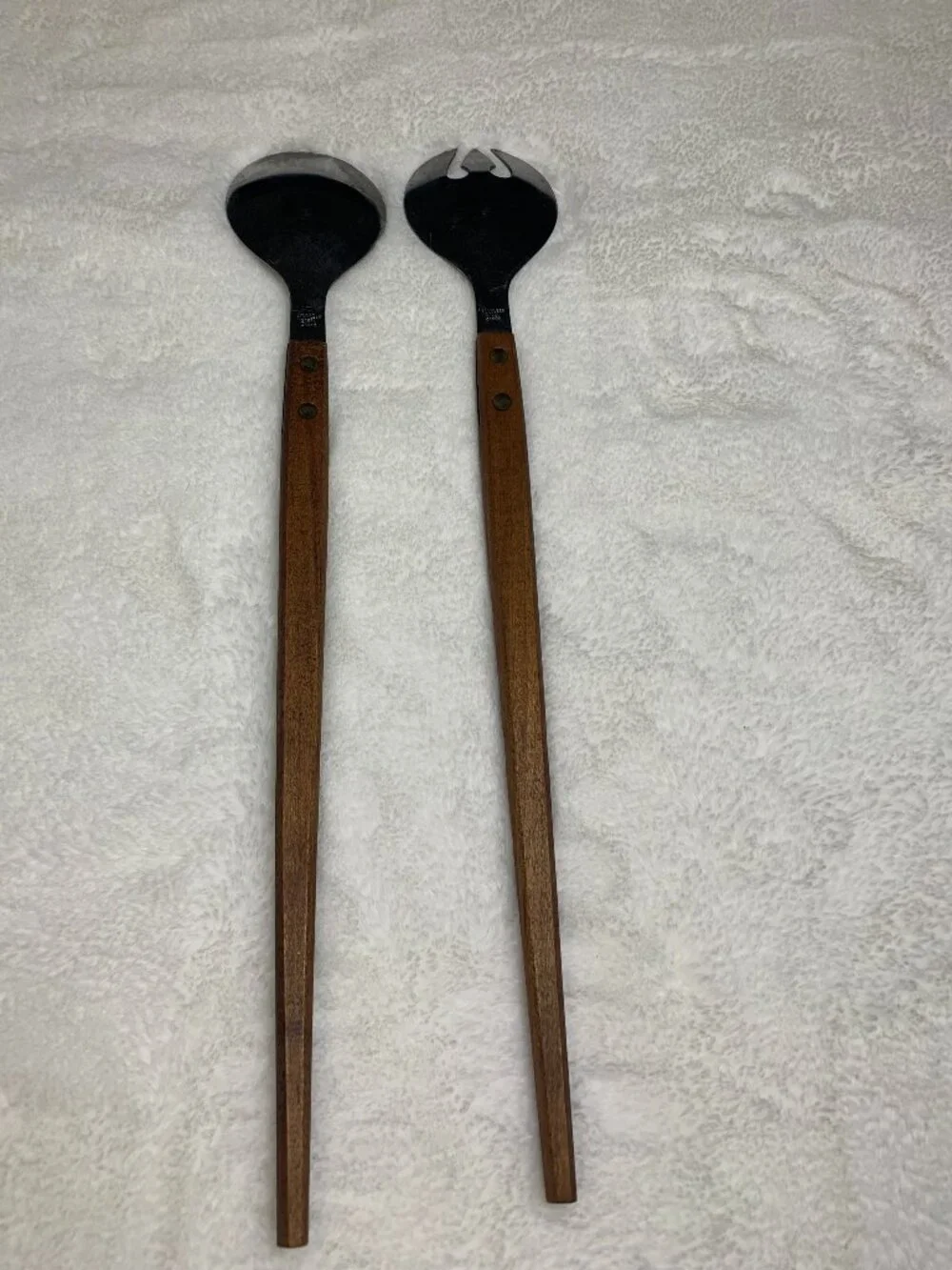 Vintage MCM ~13” Stainless Wood Handle SALAD SERVING SET Spoon & Fork JAPAN